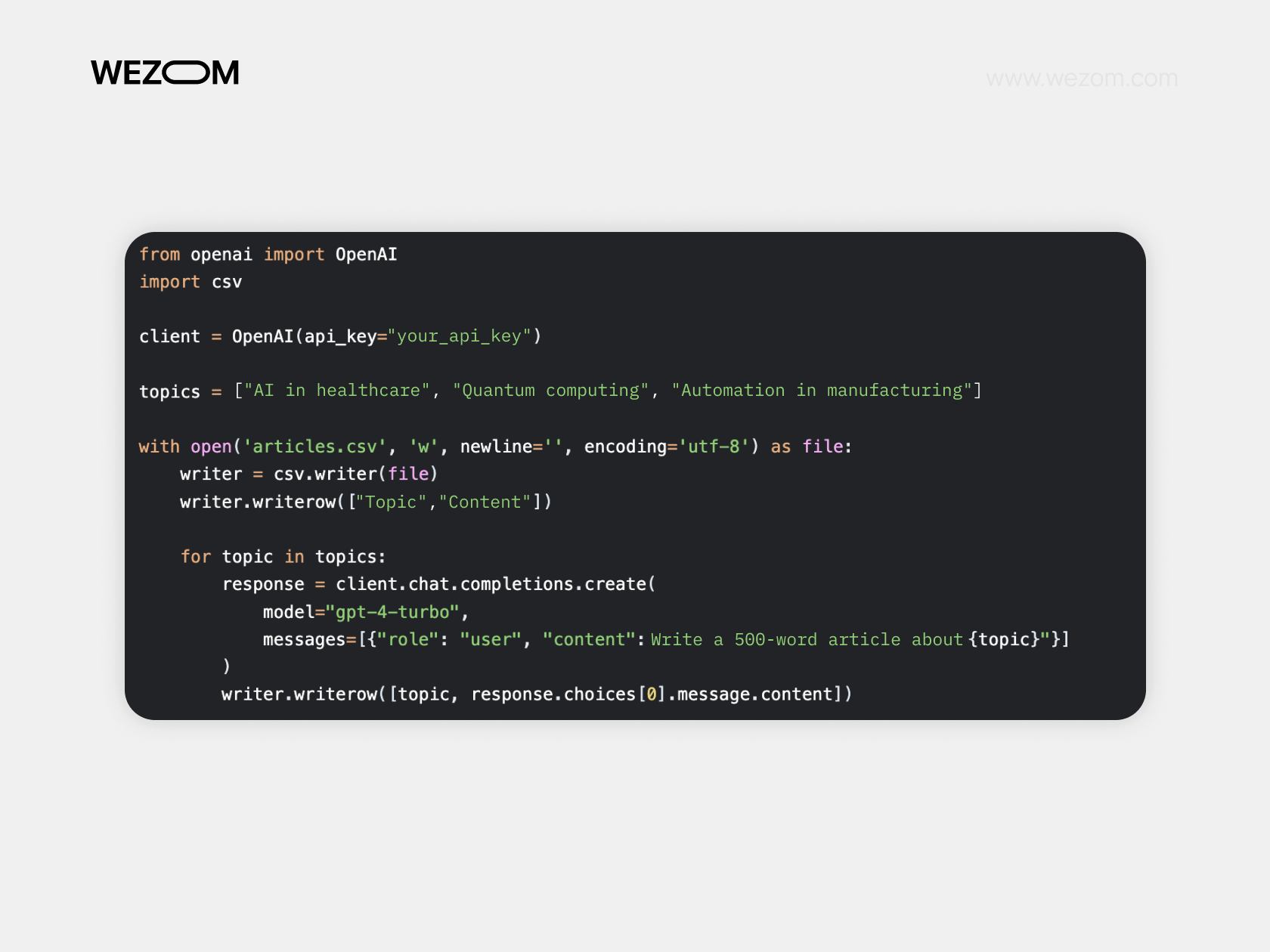 Python script using OpenAI API and CSV module to generate articles on AI topics and save them to a CSV file